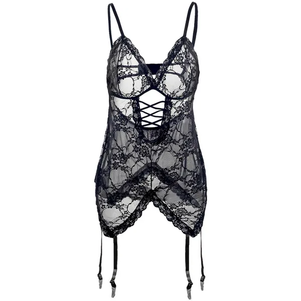 Black Модная S-6XL, черная, фиолетовая ночная рубашка, плюс размер, сексуальное кружевное белье, сексуальная пижама baybyoll, сексуальное нижнее белье+ стринги - Цвет: Black