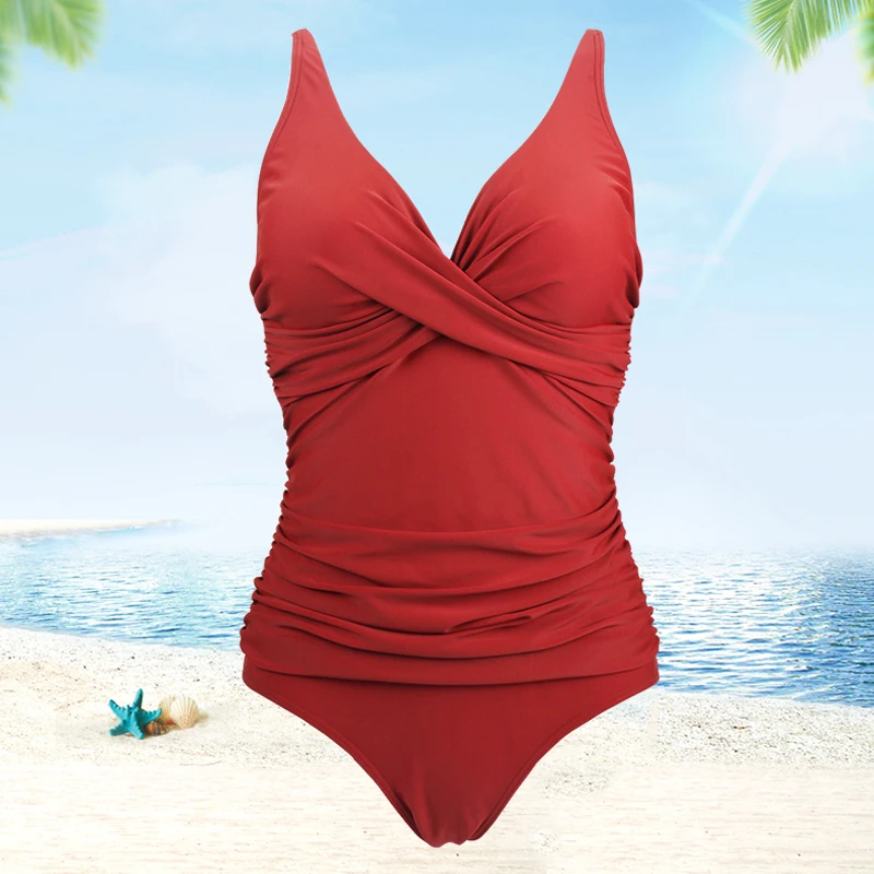 Сексуальный купальник большого размера 2019 цельный красного цвета в стиле ретро