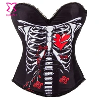 punk bone skeleton with heart floral print black steampunk sexy corset burlesque push up bustier top burlesque gothic corselet