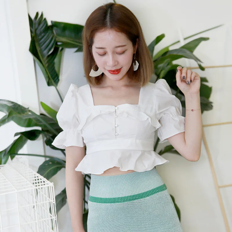 To Gladself Female 2018 Designer Fashion Casual Shirt Square Neck Sexy Cute Ruffle Hem Summer Short Crop Top Blouse for Women |