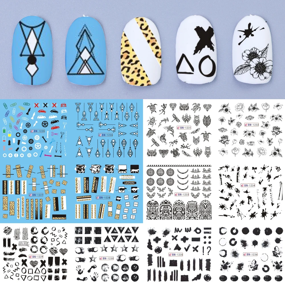 12 шт геометрические наклейки для ногтей переводные наклейки цветы Французский маникюр слайдеры украшения для ногтей TRBN1225-1236-1