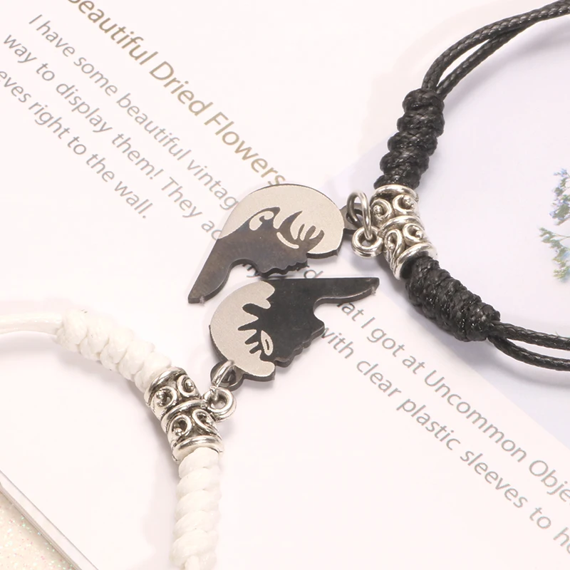 Boy Girl Couple Charms Pendant Bracelet Adjustable Hearts Black White Handmade Stainless Steel for Women Jewelry Gift | Украшения и