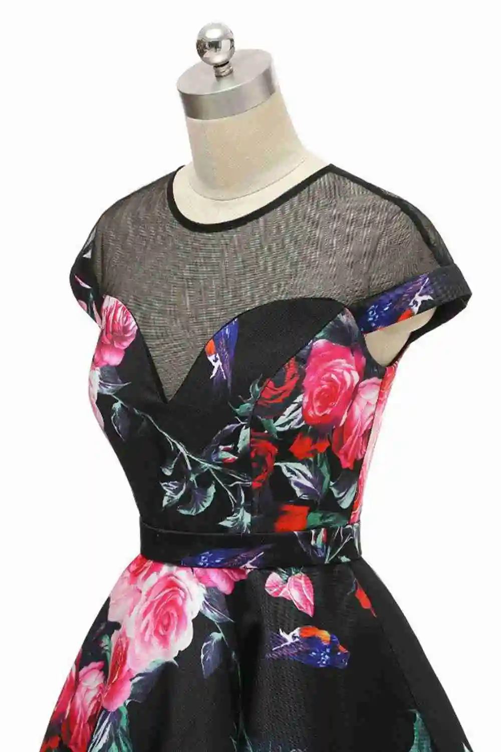 Fashion Pink Rose O-Neck Evening Dresses Flower Print Valentine's Day Dress Short A-Line Black Illusion Tulle Formal Party Gowns | Свадьбы