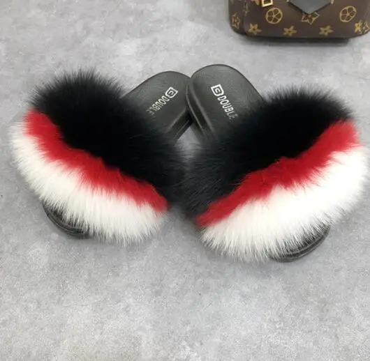 red black white Женские тапочки с натуральным мехом; пляжные шлепанцы с лисьим мехом; милые меховые шлепанцы; пляжная меховая Летняя обувь на плоской подошве; Милая женская обувь; Вьетнамки с лисьим мехом - Цвет: red black white