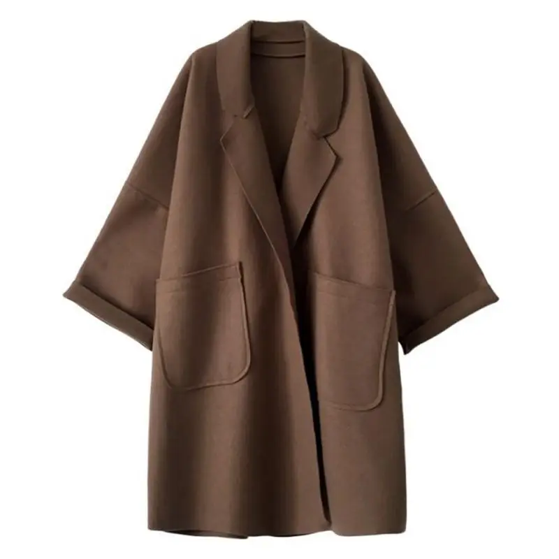 Женское осеннее зимнее элегантное пальто средней длины с отворотом, сплошной цвет, свободный шерстяной Повседневный Тренч с длинными рукавами