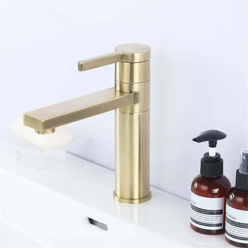 

Basin Faucet Brass Sink Mixer Tap Hot & Cold Bathroom Brushed Gold Faucet Single Handle Deck Mounted Rotating Lavatory Crane Tap