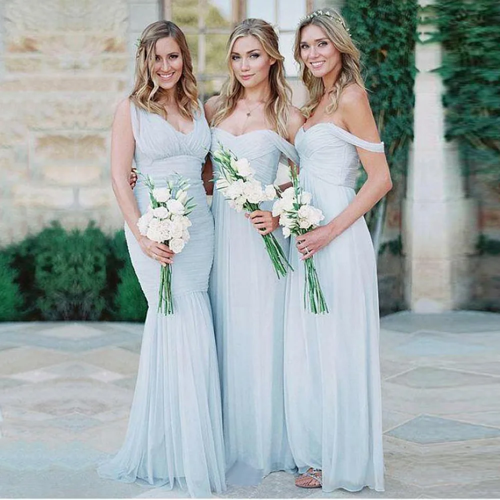 Сексуальные длинные шифоновые платья подружек невесты с открытыми плечами