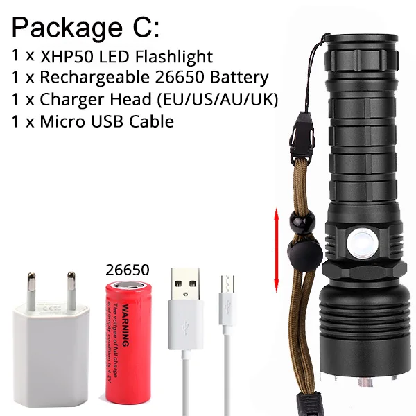 Package C XHP70.2 светодиодный фонарик самый мощный XLamp XHP50 Перезаряжаемый USB Zoom фонарь XHP70 18650 26650 охотничий фонарь для самозащиты - Испускаемый цвет: Package C