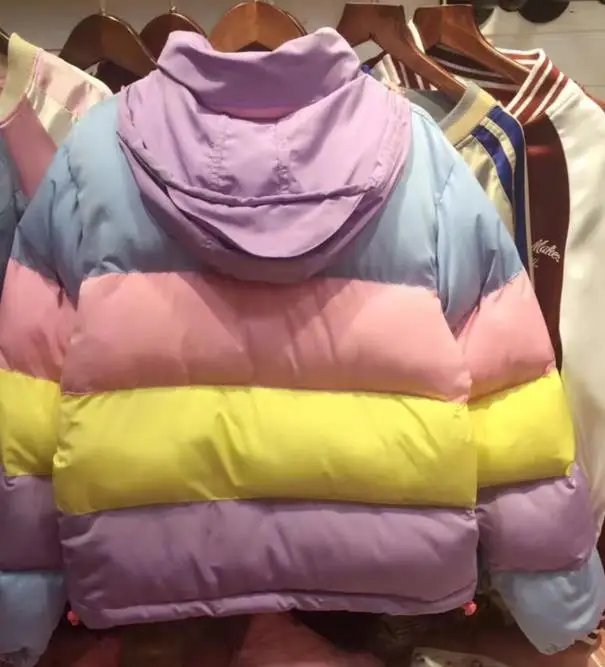 

Harajuku Rainbow Jackets with Removable Hat for Women All-match Thick Clothing Loose Rainbow Splicing Color Coats For Women