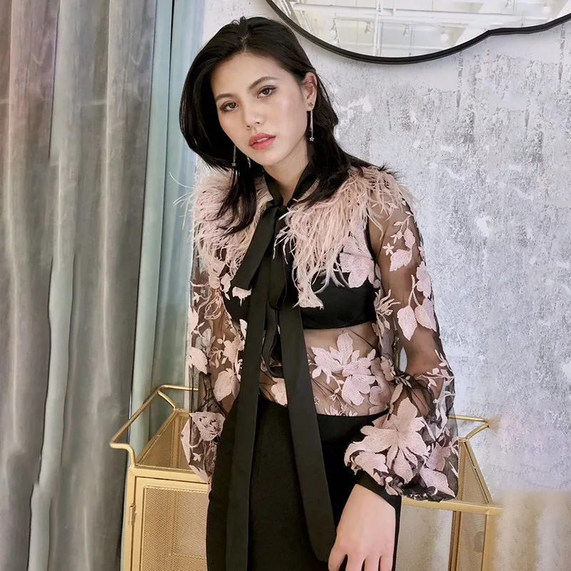 Блузка CHICEVER женская летняя повседневная с аппликацией и перьями на шнурках