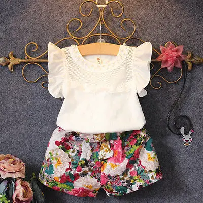 2017 New Fashion Cute Baby Girls Clothes Set Summer Petal Sleeve T-Shirt Top and Floral Shorts 2PCS Little Outfit | Детская одежда и