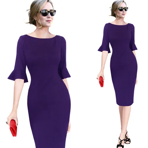 Purple Vfemage женское Элегантное расклешенное трубный колокольчик с рукавом в горошек винтажное пинап повседневные офисные вечерние облегающее платье футляр 7692 - Цвет: Purple