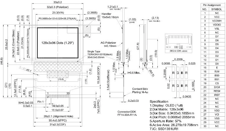 NoEnName_Null 1,29 дюймов 30PIN полноцветный OLED экран SSD1351 диск IC 128(RGB)* 96 Параллельный/SPI интерфейс