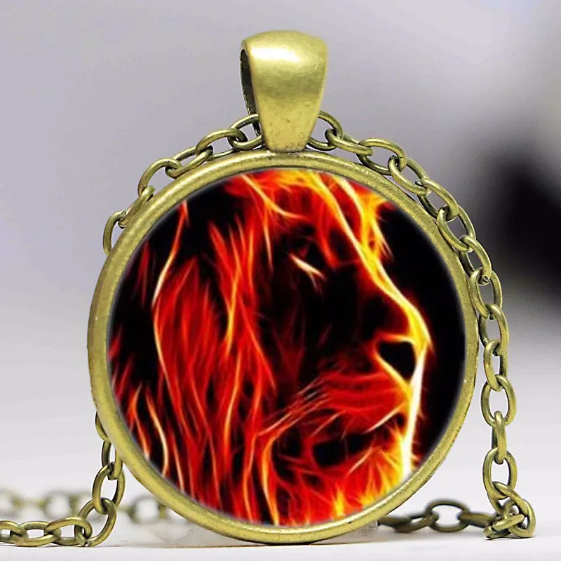 

New Fire Lion Cabochon Classic Fashion Lady Men Glass Pendant Necklace Jewelry