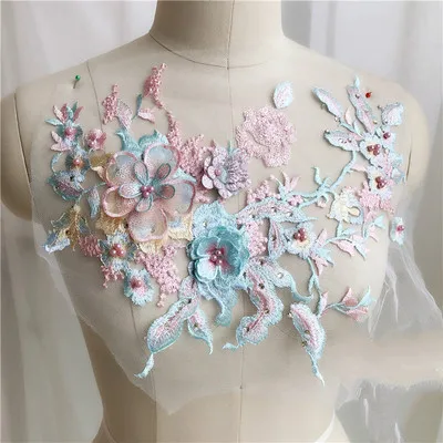 Pink Blue 1 шт., фиолетовое, розовое, голубое вышитое бисером 3D свадебное платье, Цветочная кружевная нашивка, одежда для выступлений, кружевные аксессуары для рукоделия, аппликация - Цвет: Pink Blue