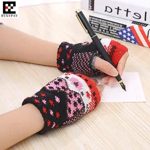 Зимние теплые женские и женские перчатки для студентов, модные шерстяные вязаные перчатки без пальцев с цветочным принтом, детские перчатки