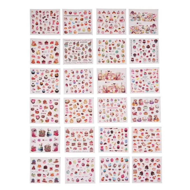 cake 24pcs 12/24 шт. наклейка на ногти водная наклейки Для женщин белый фруктовый торт перья, переводятся на ногти с Стикеры s украшения нижнее белье смешанного дизайна Советы Набор - Цвет: cake 24pcs