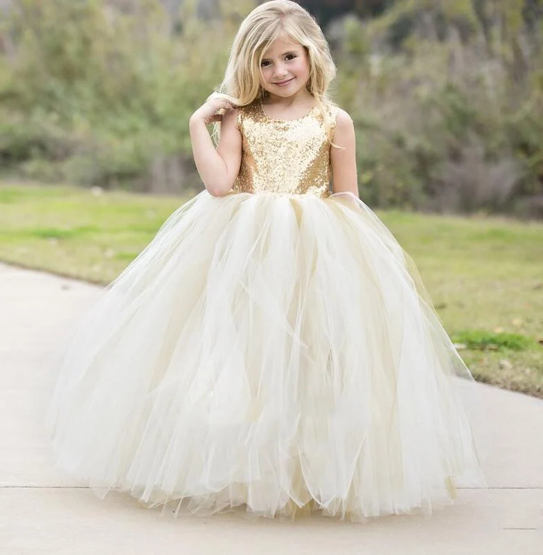 Puffy Flower Girls Dresses Ivory Champagne tulle bling Gold Sequins Top keyhole back baby Ball Gown long tutu dress for wedding | Детская