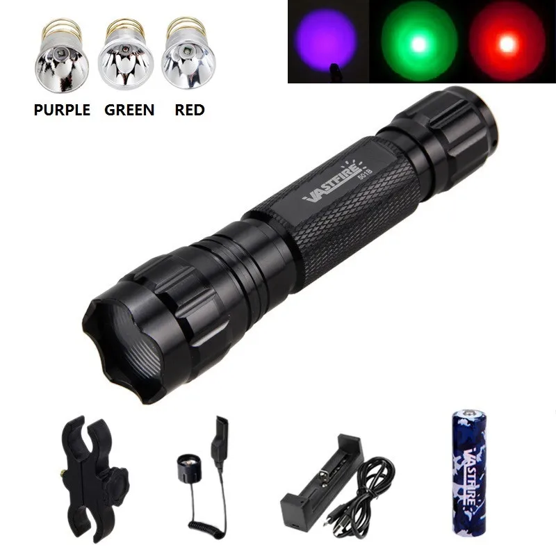 Package C VASTFIRE 501B охотничий осветительный светильник 1 Режим 400 ярд 3 светильник цветной перезаряжаемый аккумулятор 18650+ тактическая рамка Задний переключатель - Испускаемый цвет: Package C