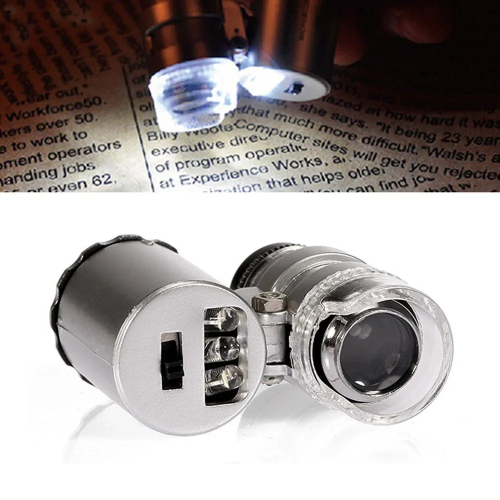 Портативный ручной 60x Карманный микроскоп Лупа ювелира с светодиодный
