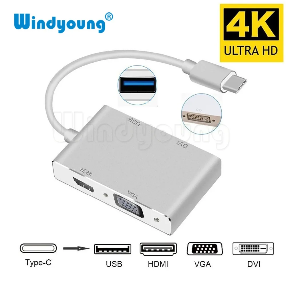 

Windyoung USB 3.1 USB C Type C to 4K HDMI VGA DVI USB 3.0 Adapter Cable 4 in 1 for Google Chromebook Pixel Laptop Apple Macbook