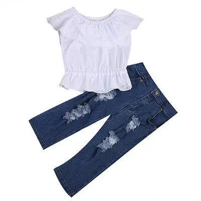 Baby Girl Kids Cute Ruffles Sleeve Summer Crop Tops Tank Top T-shirt Clothes+Jeans Pants 2pcs Outfit Set