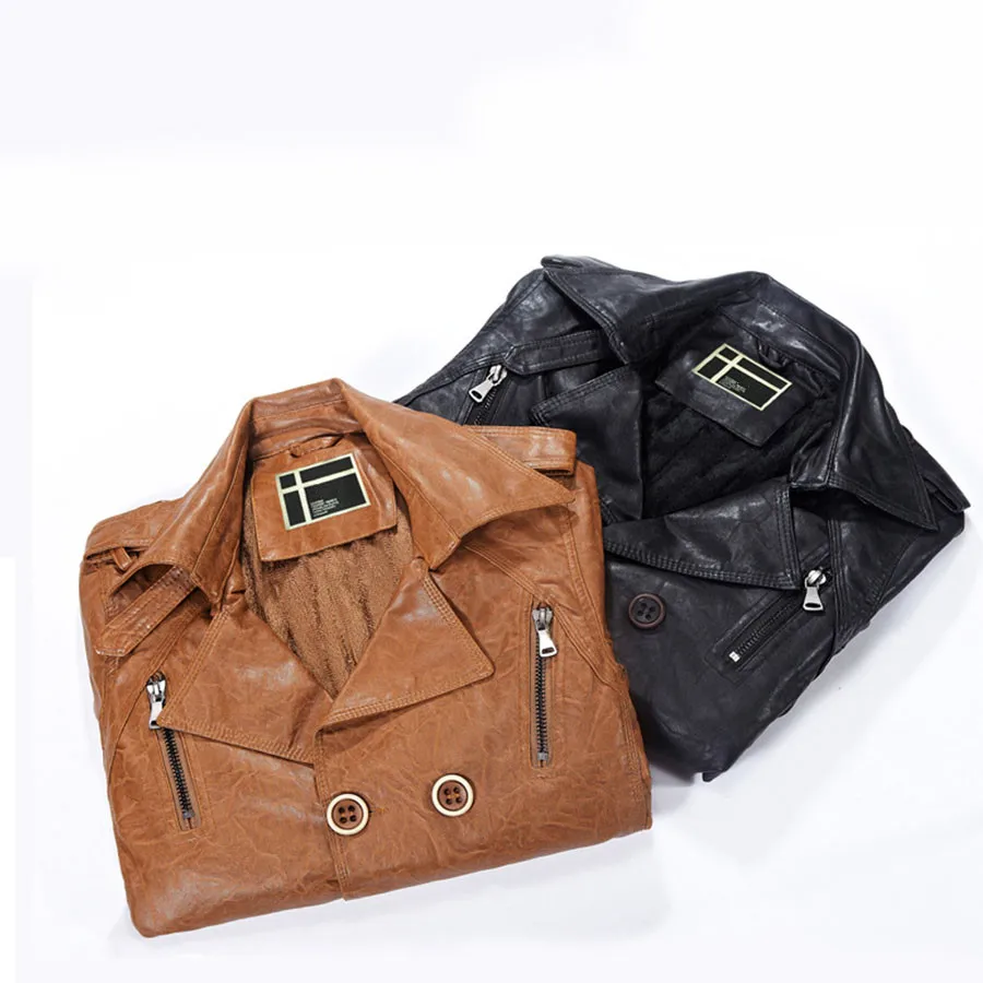 Бренд моды длинный кожаный куртка пальто мужское ПУ Для мужчин S кожаная флис