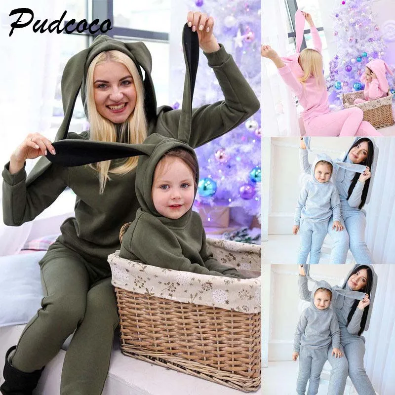 Pudcoco/; одинаковый спортивный костюм для мамы и дочки; комплект из 2 предметов; толстовка с капюшоном и заячьими ушками; милый высококачественный комплект; сезон осень-зима