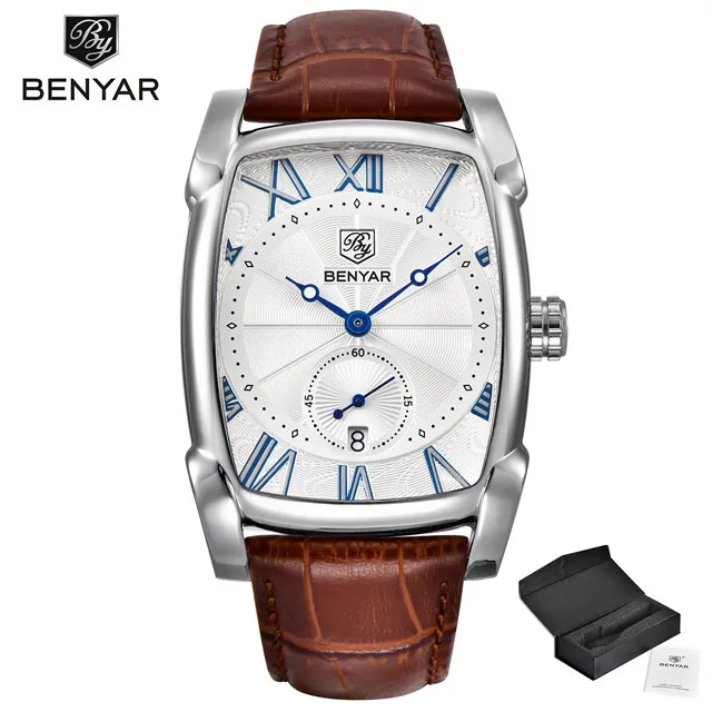 white BENYAR часы мужские роскошные брендовые кварцевые мужские s наручные часы военный кожаный ремешок повседневные квадратные наручные часы водонепроницаемые Relogio Masculino - Цвет: white