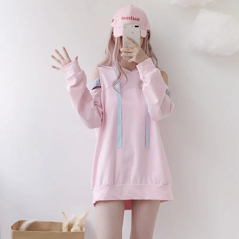 Япония Косплей каваи толстовки Harajuku Лолита милые с открытыми плечами клетчатые женские розовые Кофты модные на шнуровке Сексуальные Девушки пуловер