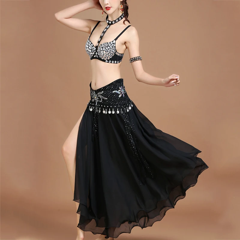 Костюм для танца живота из черного шифона с длинной юбкой и цепочкой|Танец