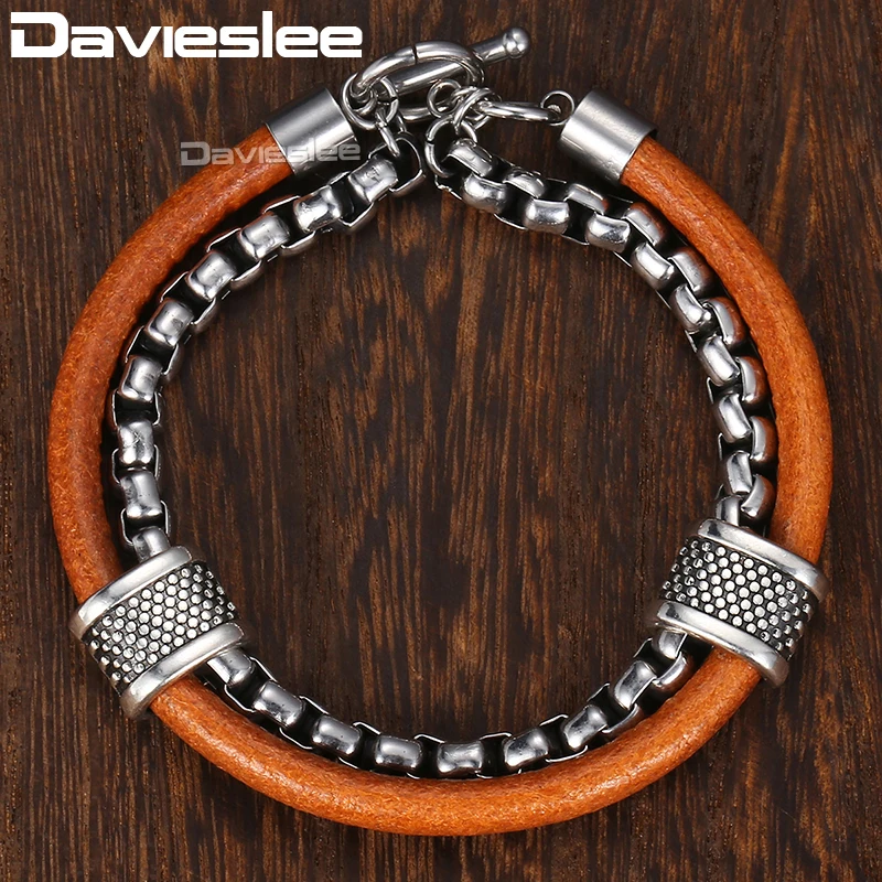 Davieslee, мужской кожаный браслет, нержавеющая сталь, цепь, коробка для пряжки, черный, коричневый, модные браслеты для мужчин, дропшиппинг, LDLB70