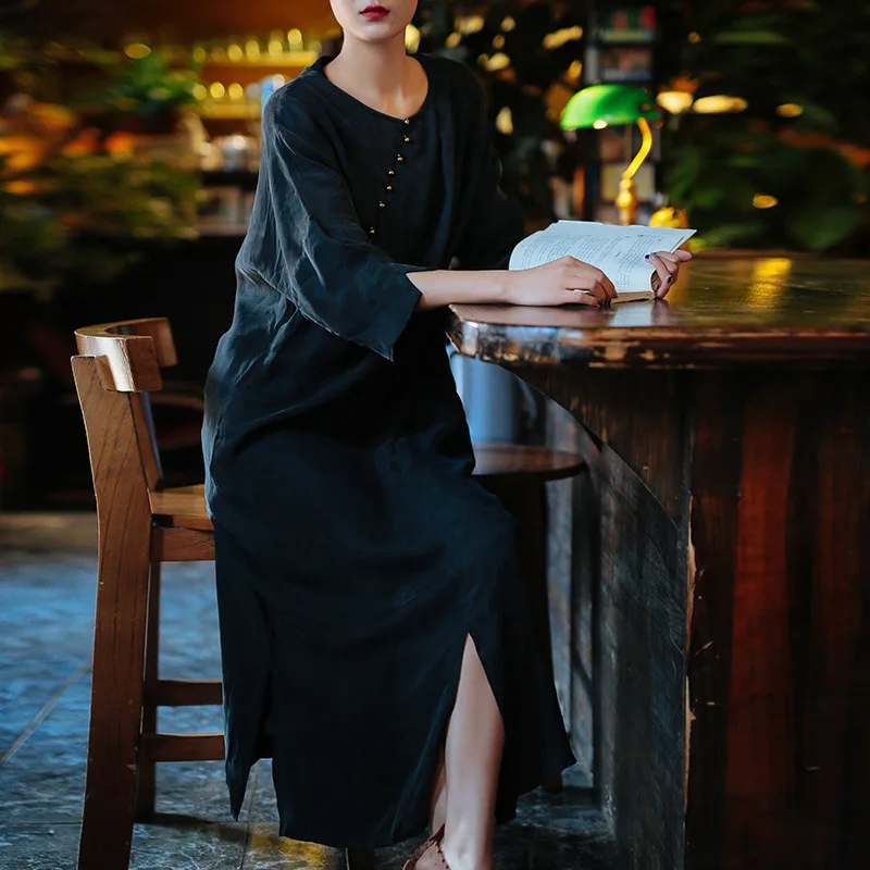 Johnature 2020 Summer Style Women Solid Color Black Dress Robe Three Quarter Sleeve Round Neck High Slit Long Silk Gown | Женская одежда