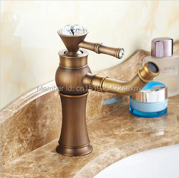 Gizero Antique Copper Crystal with Diamond Faucet Bathroom Basin Mixer Deck Mounted Hot and Cold Swivel Spout GI54 | Обустройство