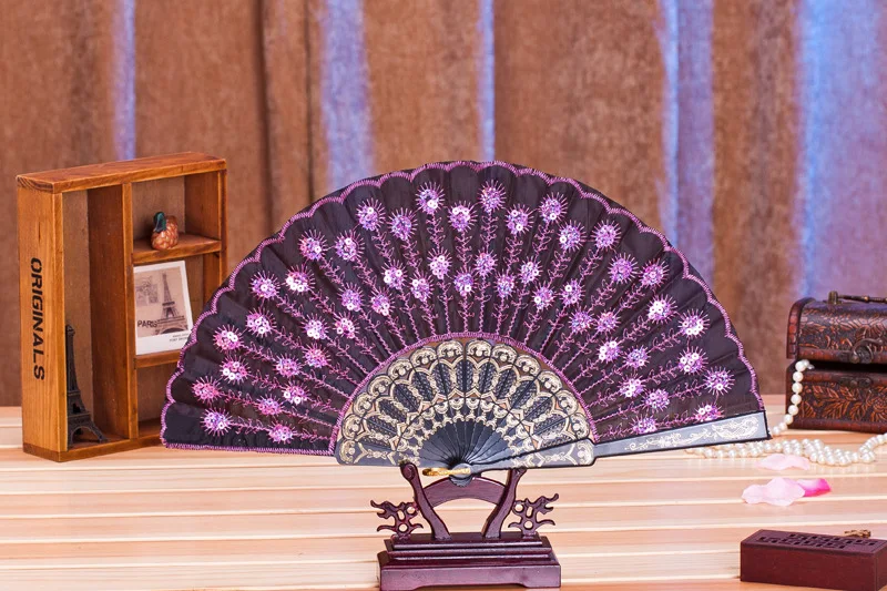 

50 pieces/lot New fashionable sequins peacock fan Handmade dance hand fans Dancing supplies Many colors available