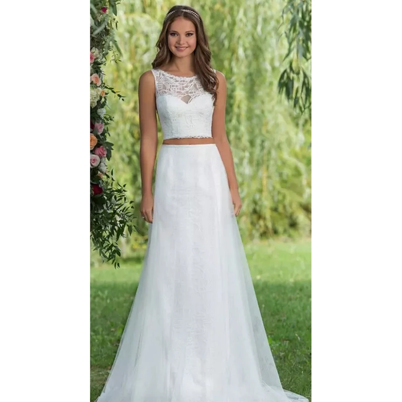 Просто Две Пьесы Свадебные Платья 2017 Белый Тюль Рукавов Совок шея Кружева Топ