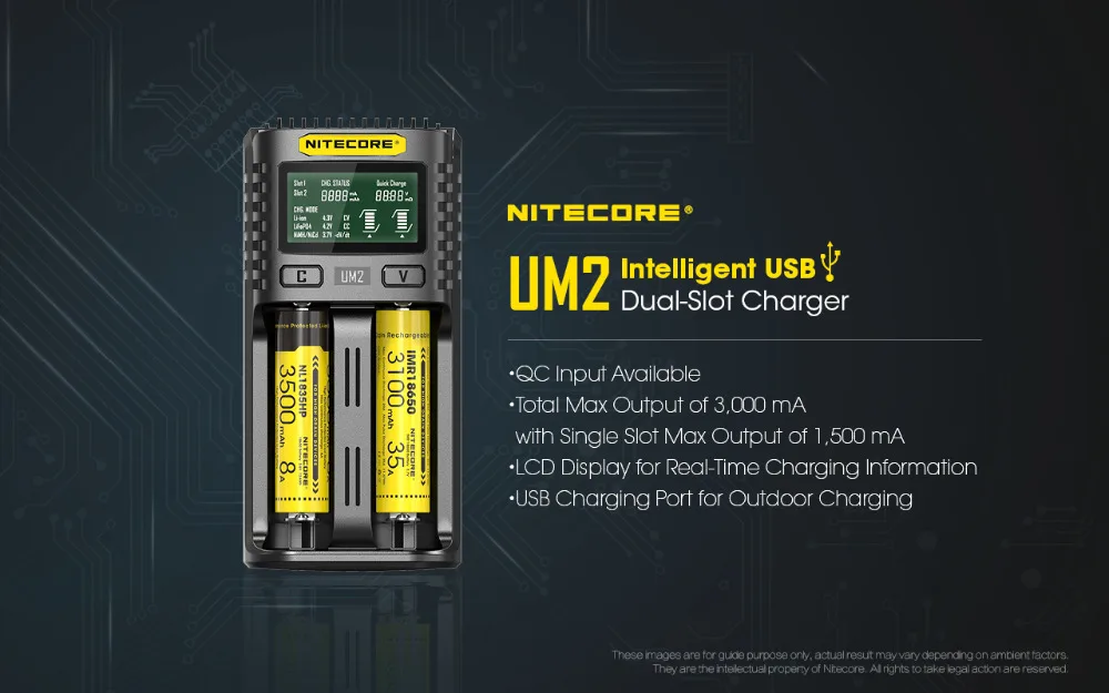 Оригинальное NITECOR UM4 UM2 lcd USB QC умное зарядное устройство для Li-Ion IMR INR ICR LiFePO4 18650 14500 26650 AA 3,7 V 1,2 V 1,5 V