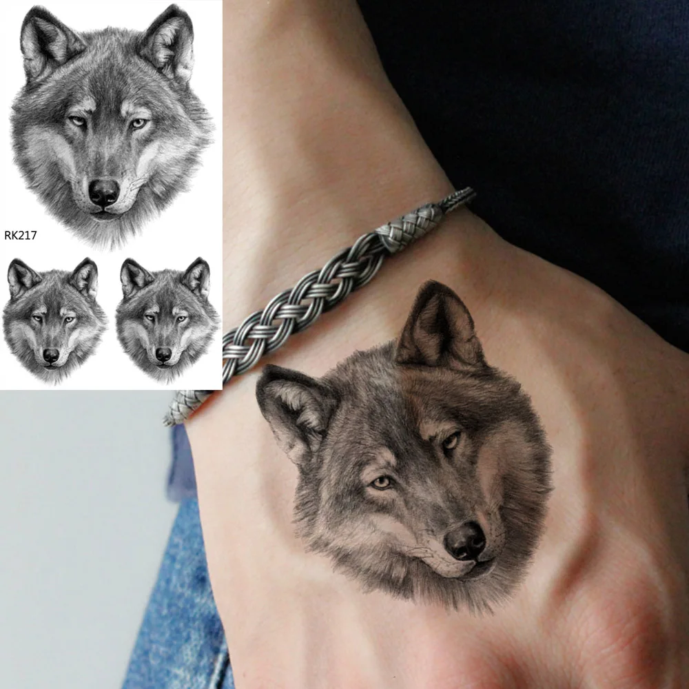 OMMGO Real 3D Wolf Face Design Temporary Tattoo Sticker Fierce Fake Tattoos Small Body Art Wrist Custom Tato Men's Fashion
