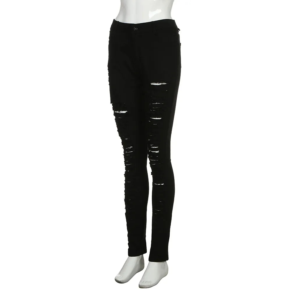 

Women Jeans Skinny Ripped Holes Pants High Waist Stretch Slim Pencil Trousers