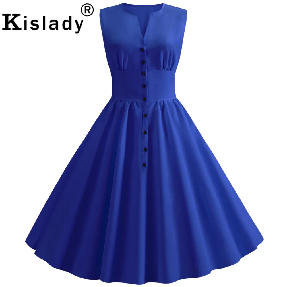 Summer Women's Button Vintage Dress 50s Sweet Casual Sleeveless Swing Retro Rockabilly Slim Party Yellow Robe Femme | Женская одежда