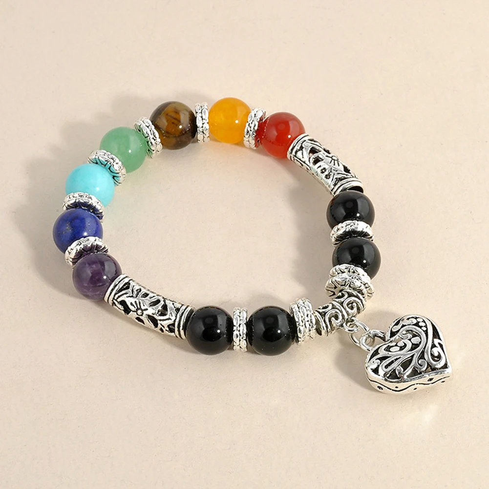 Vintage 7 Chakra Balance Stone Beaded Bracelet Women Heart Charm Bangle Gift | Украшения и аксессуары
