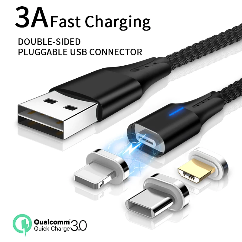 3A Магнитный кабель LED Micro USB Type C QC3.0 передачи данных для быстрой зарядки iPhone XS MAX XR 8 7
