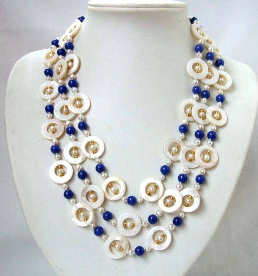 Мода 3 пряди белый пресной воды перл shell синий шарики нефрита ожерелье ювелирных