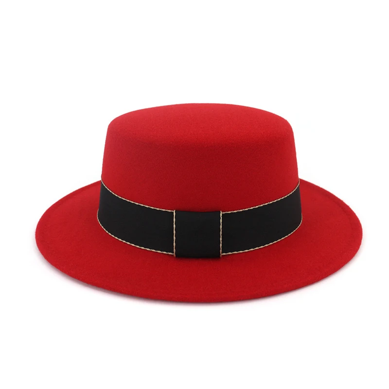 Красный Европейский США с широкими полями простой Fedora шапки для мужчин и женщин плоский верх Джаз Шерсть фетровая шляпа черный Trilby Chapeau с лентой - Цвет: Красный