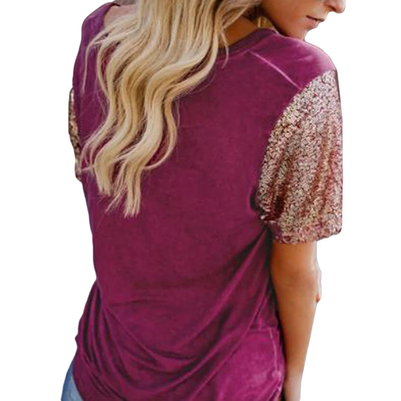 Женские летние блузки с коротким рукавом 2019 v образным вырезом блестками