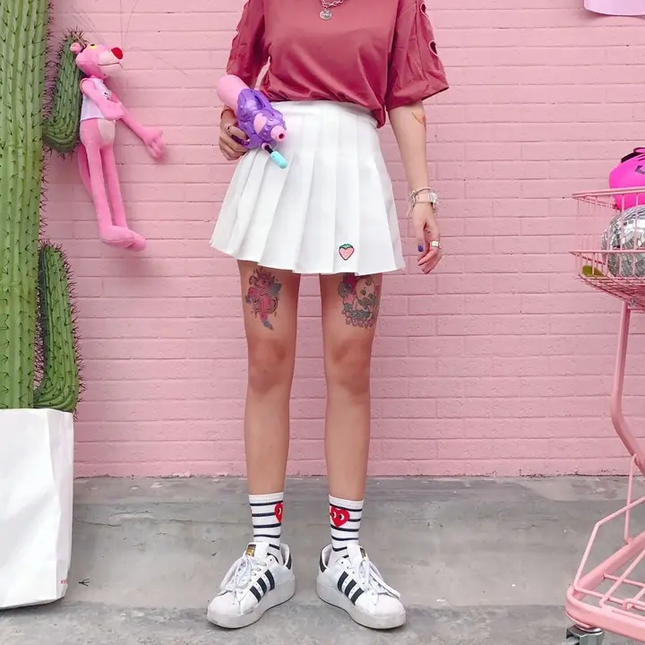 Harajuku стиль милое клубничное платье с вышивкой Женская Повседневная хлопковая милая маленькая свежая мини-юбка с высокой талией плиссированная юбка