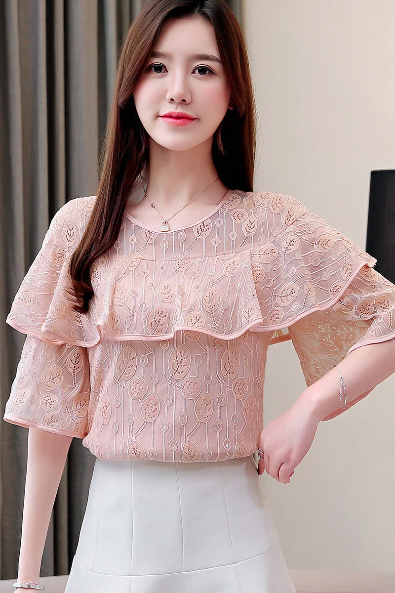

Casual Short Sleeve Lace Blouse 2019 Summer New Women Tops and Blouse Flare Sleeve Blouse Ruffled tops blusas 4392 50