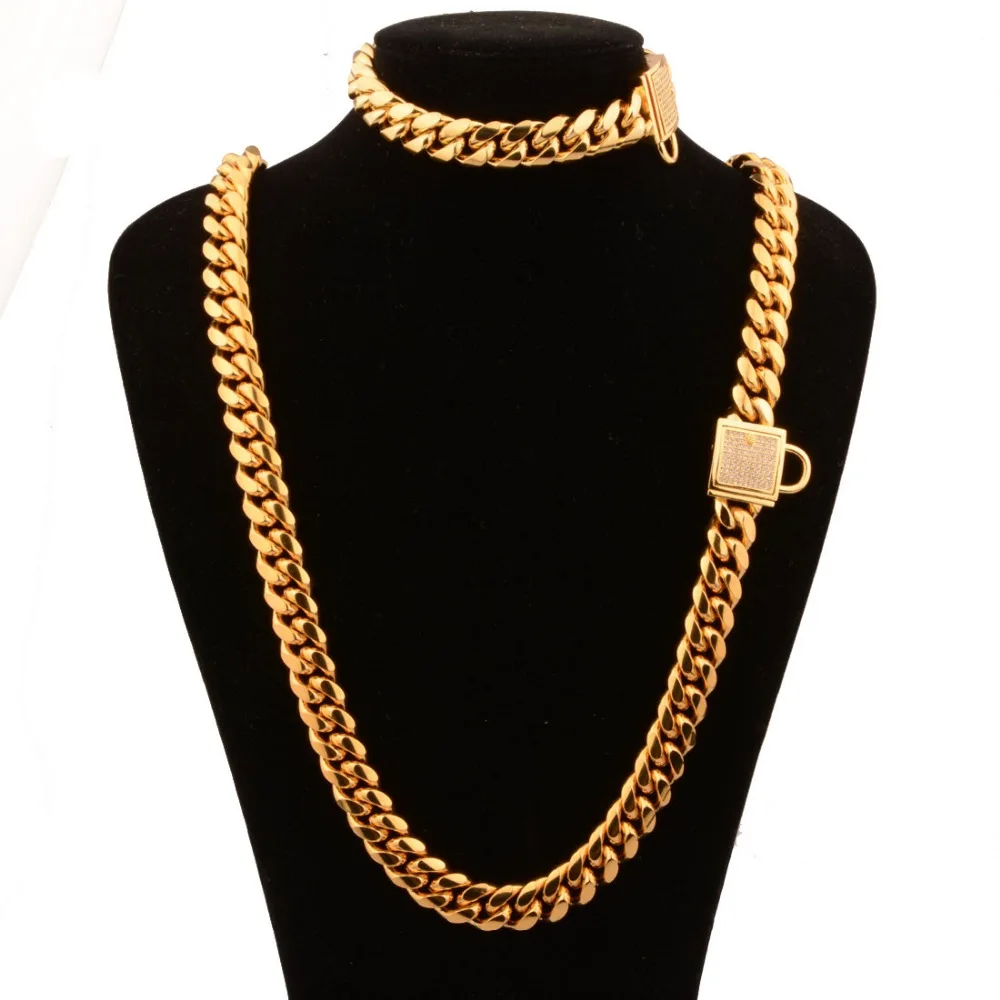 

14MM Fashion 316L Stainless Steel Gold Tone Miami Cuban Curb Link Chain Men's Unisexs Necklace 24"&Bracelet 8.66" Jewelry Sets