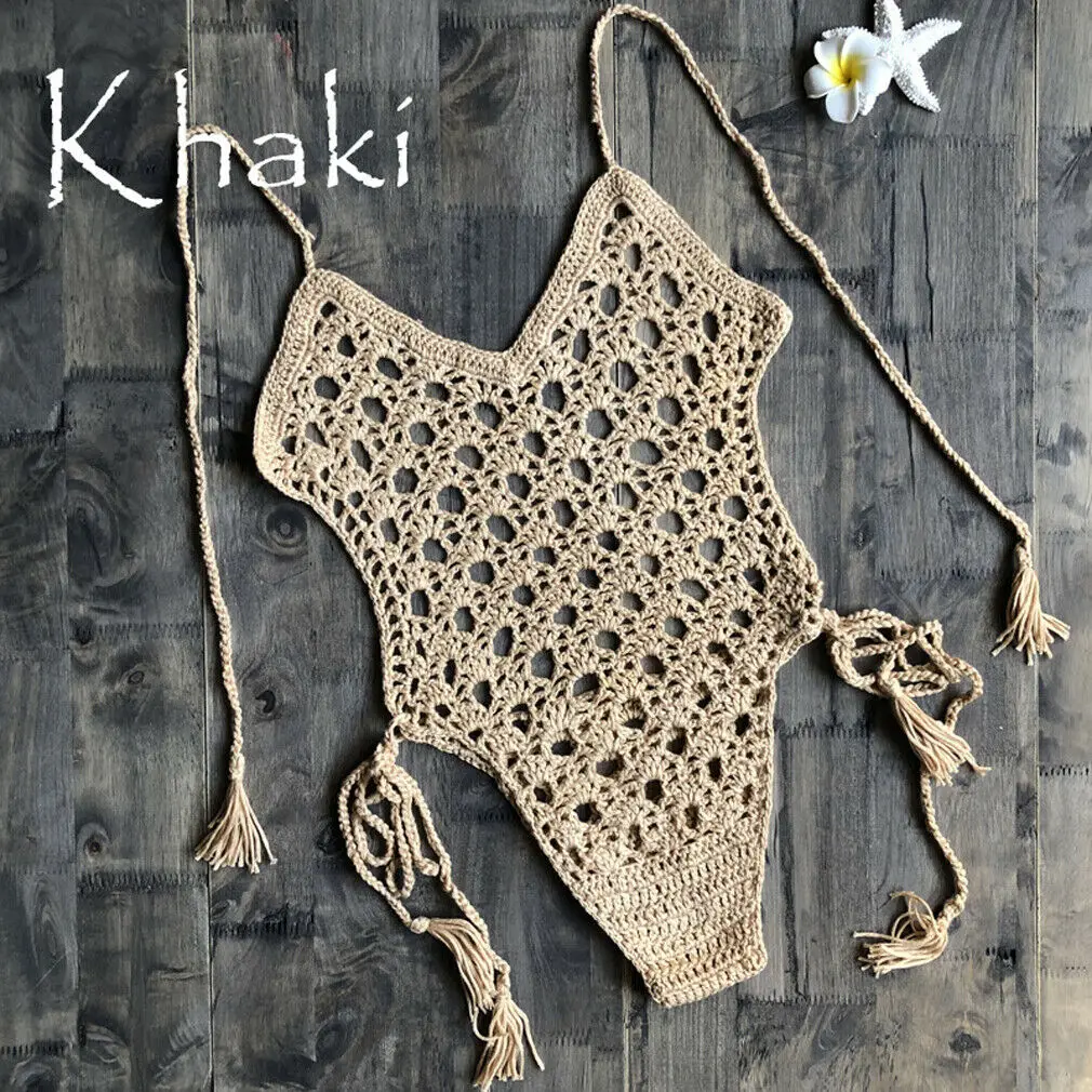 Модный женский летний вязаный крючком комплект пляжная одежда Бохо Мягкий Пуш Ап