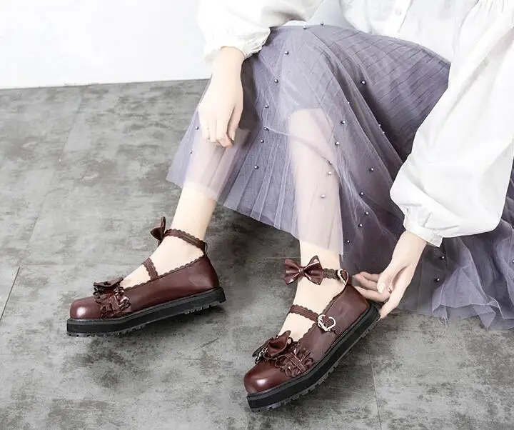 

Japanese jk uniform sweet lolita shoes vintage low heel round head student cosplay women shoes cute lace bowknot kawaii shoes